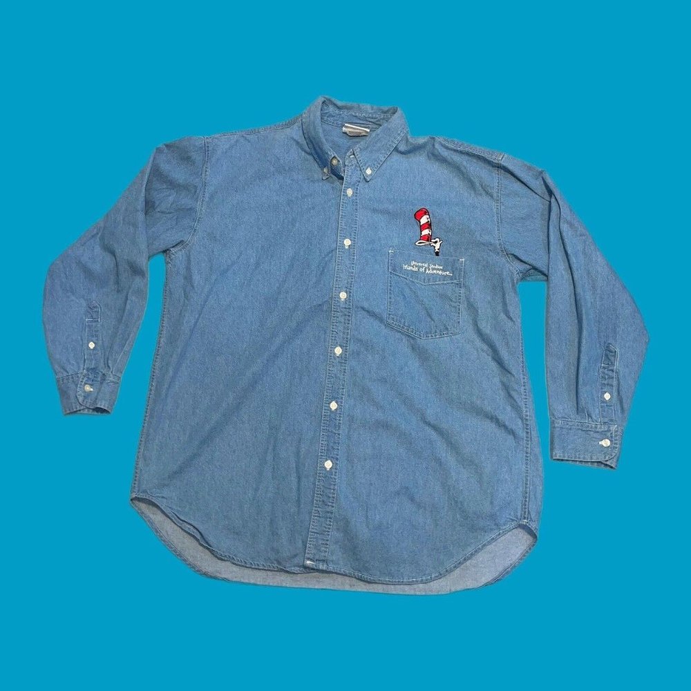 Vintage UNIVERSAL STUDIOS Mens Denim Shirt, 2XL, Dr. Seuss, Islands of Adventure